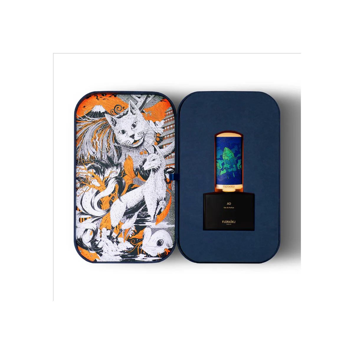 Perfume bottle with decorative case featuring a stylized animal design.