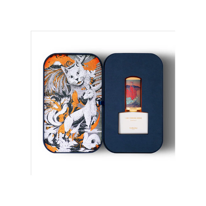 Perfume bottle with decorative packaging featuring a cat illustration on a white background