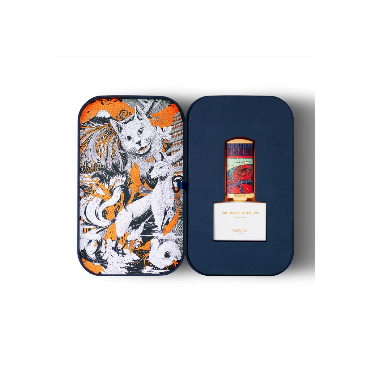Perfume bottle with decorative packaging featuring a cat design on a white background
