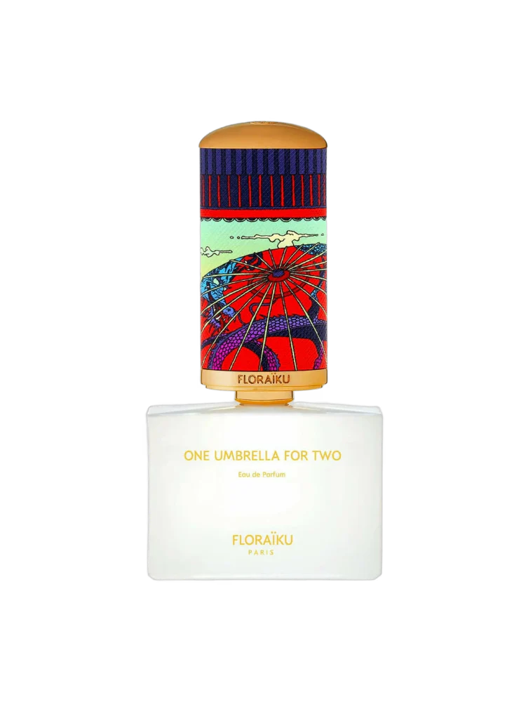 Floraiku perfume bottle with colorful umbrella design on a white background