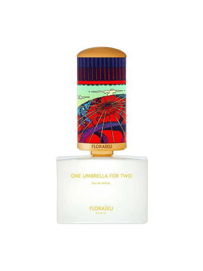 Floraiku perfume bottle with colorful umbrella design on a white background