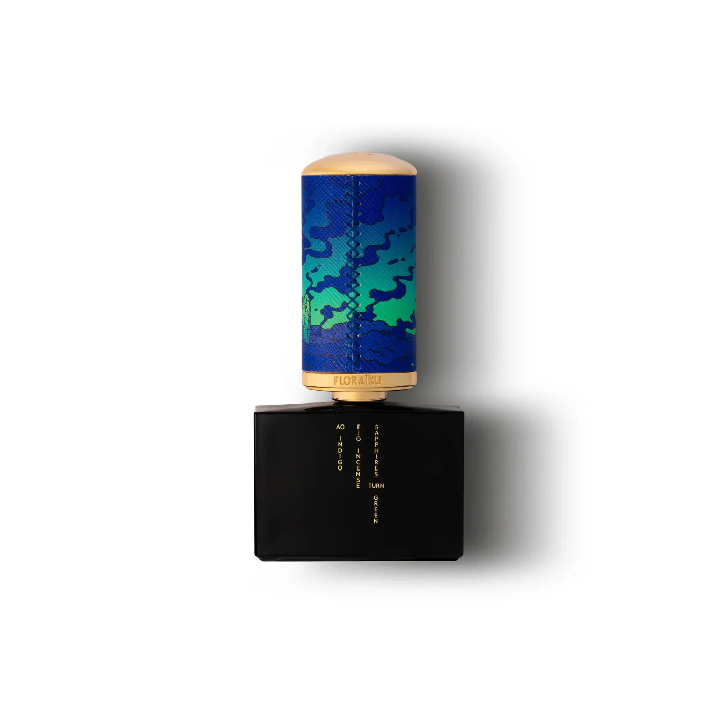 Perfume bottle with blue and green camouflage design on a white background