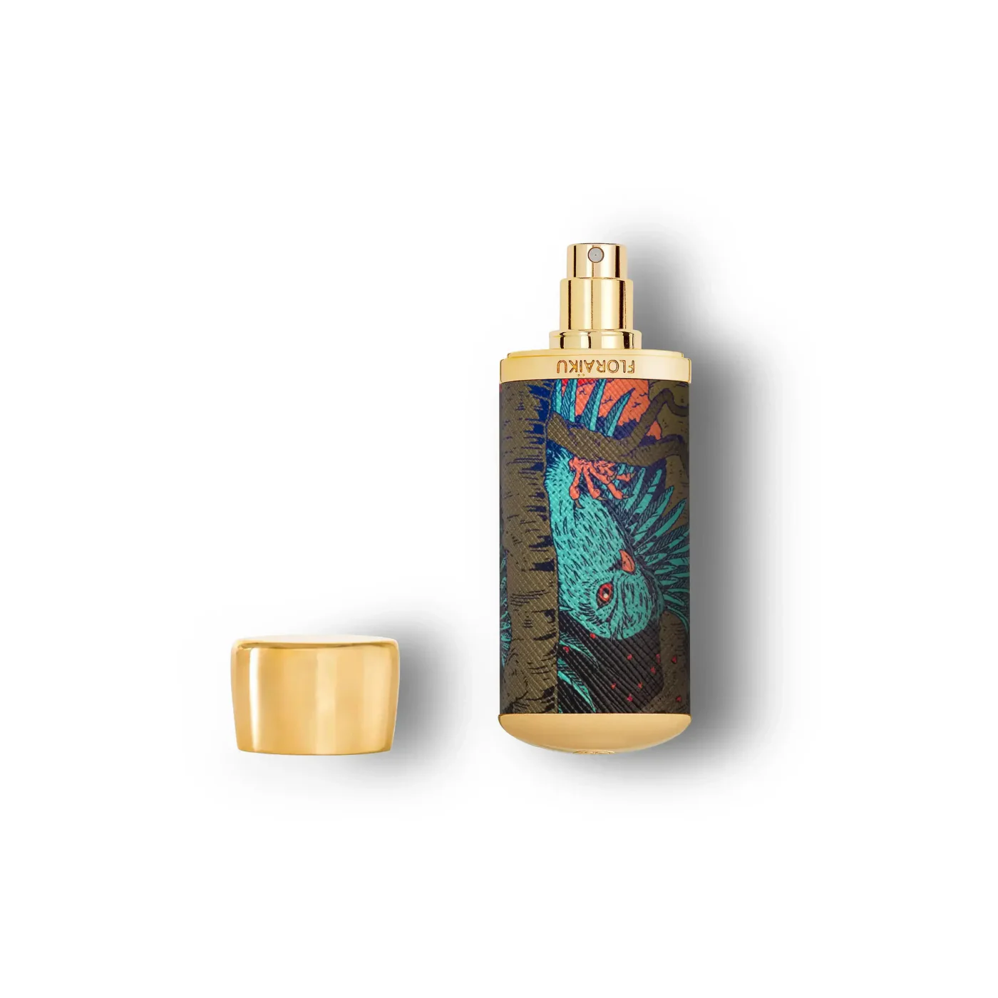 Perfume bottle with gold cap and colorful label on a white background