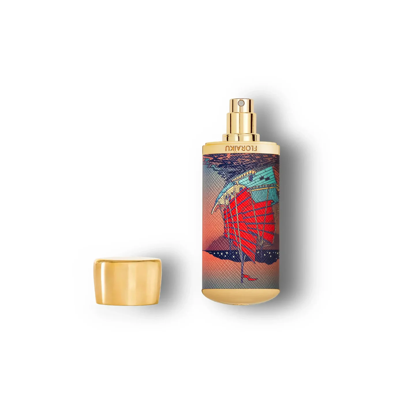Perfume bottle with artistic design on a white background