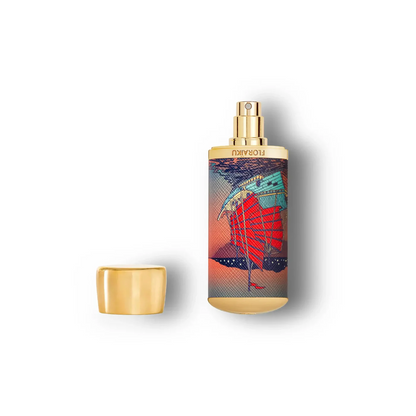 Perfume bottle with artistic design on a white background