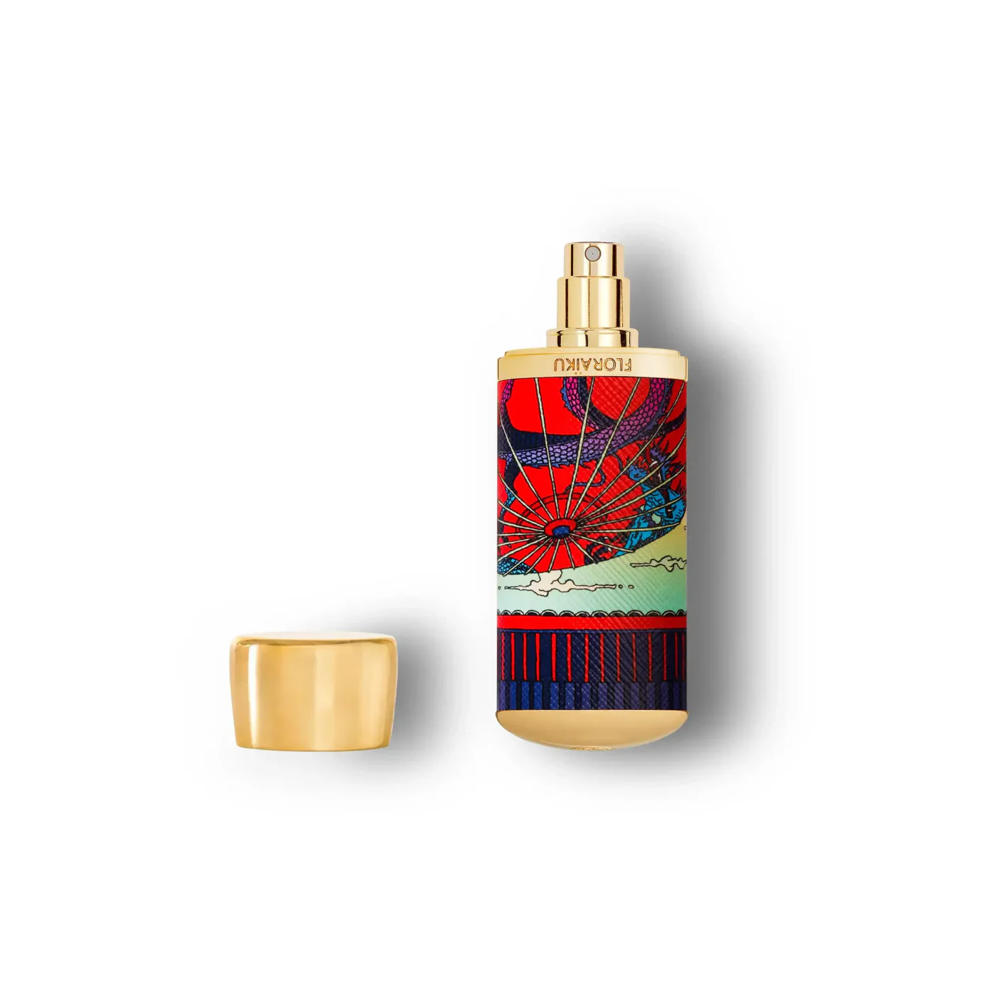 Colorful perfume bottle with gold cap on a white background