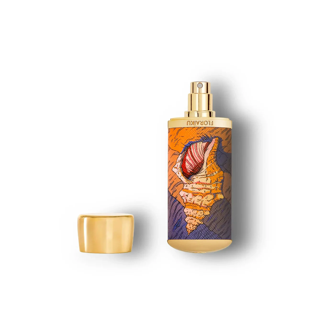 Perfume bottle with shell design on an orange background