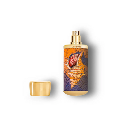 Perfume bottle with shell design on an orange background